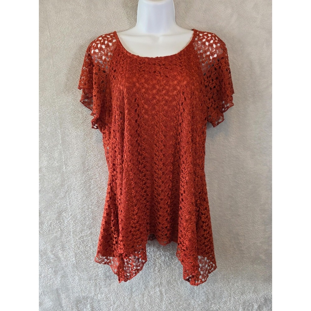 EUC Dressbarn Blouse Womens L Orange Crochet Lace Tunic Lined Sharkbite 70s